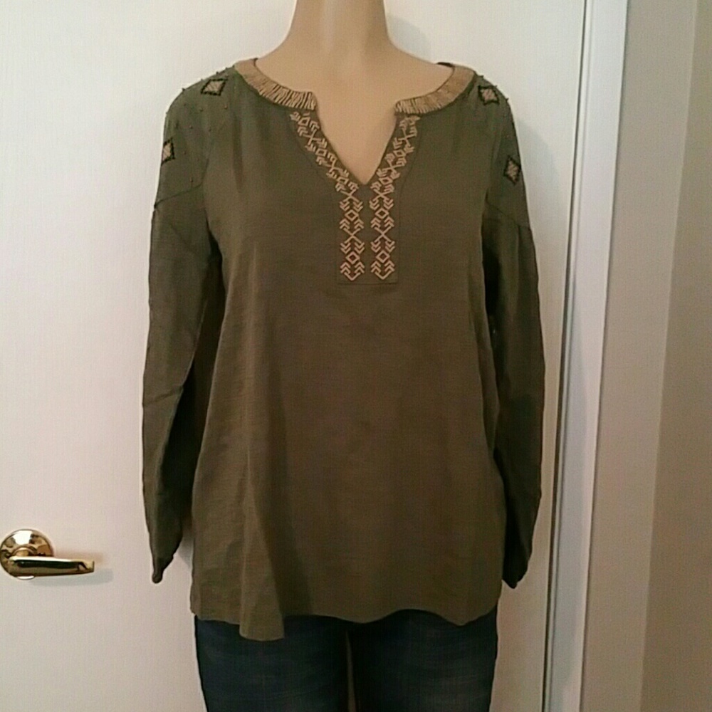 NWT army green embroidered top with gold beads